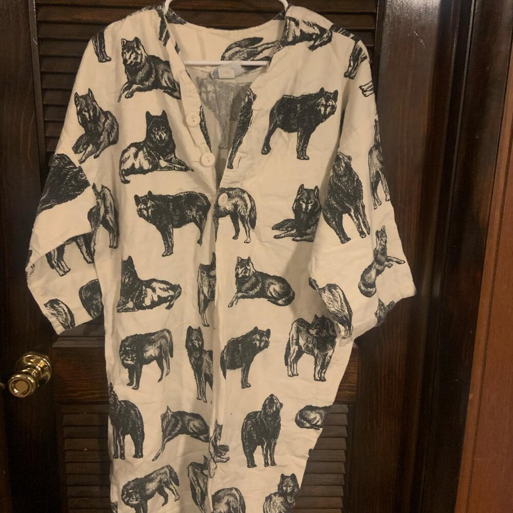 Michigan Rag Co Womens Nightgown S/M White & Black Print Flannel Wolves USA MADE